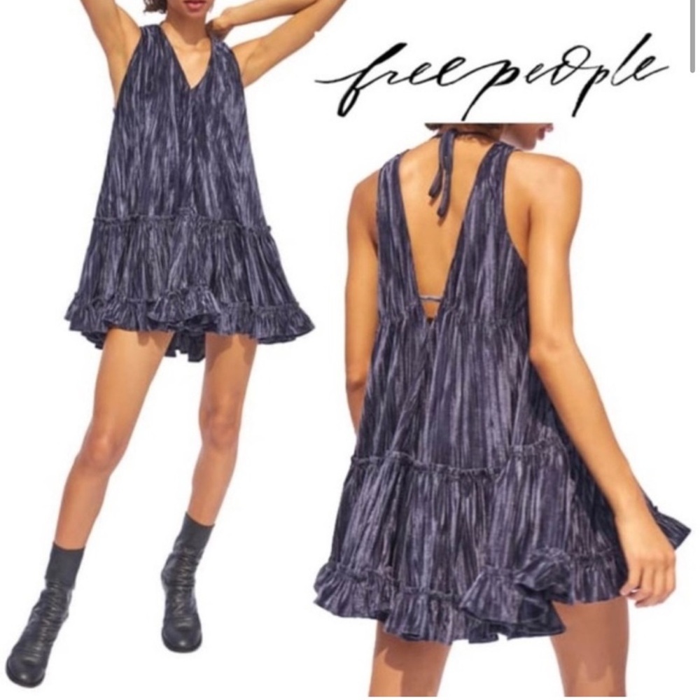 Free People Pleated Plush Swing Dress in Rare Night Navy Blue Velour - Picture 2 of 9